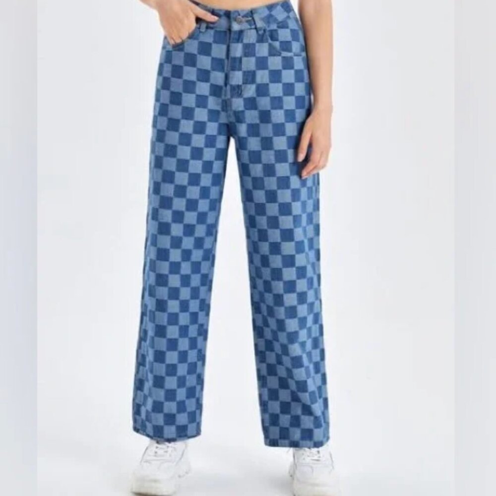 NWT H&M Divided High Rise Straight Leg Checkered Print Denim Jeans Size 10
